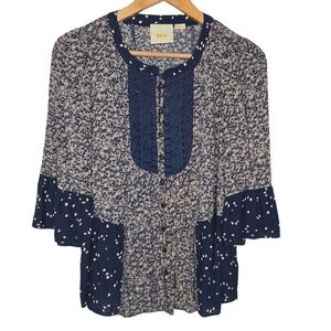 Maeve Anthropologie Hiver Blue Lace Panel 3/4 Boho Flare Sleeve Peasant Blouse 2